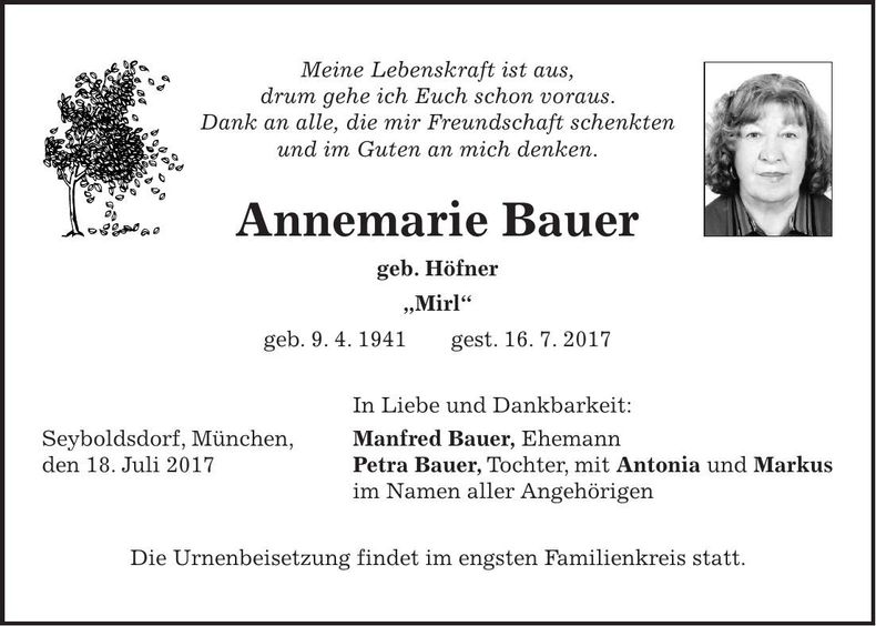 Traueranzeige Annemarie Bauer