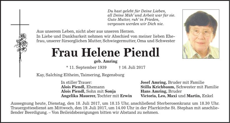 Traueranzeige Helene Piendl