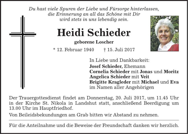 Traueranzeige Heidi Schieder