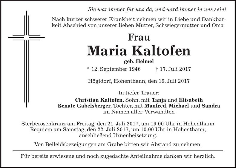 Traueranzeige Maria Kaltofen