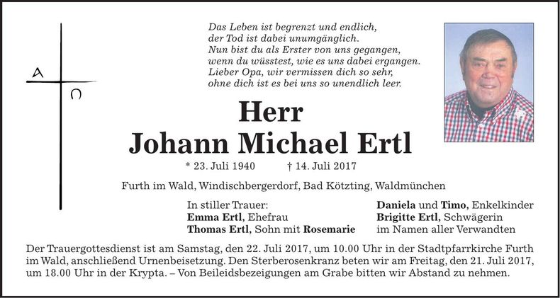 Traueranzeige Johann Michael Ertl