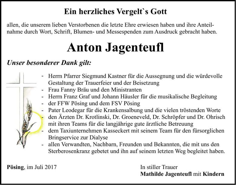 Traueranzeige Anton Jagenteufl