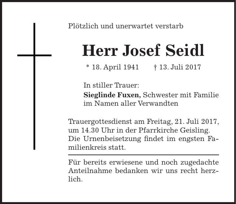 Traueranzeige Josef Seidl