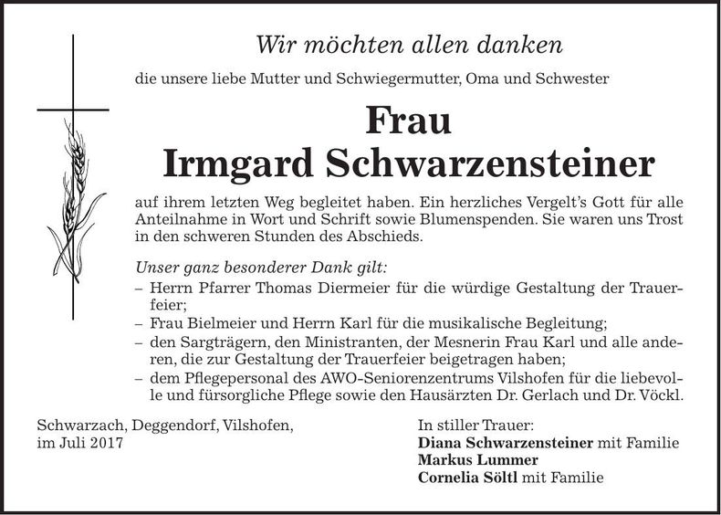 Traueranzeige Irmgard Schwarzensteiner