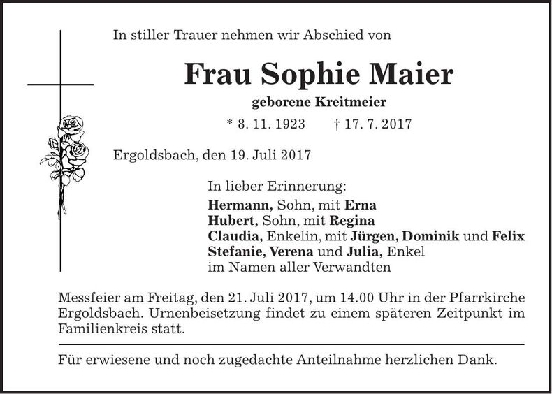 Traueranzeige Sophie Maier