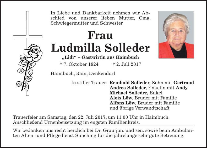 Traueranzeige Ludmilla Solleder