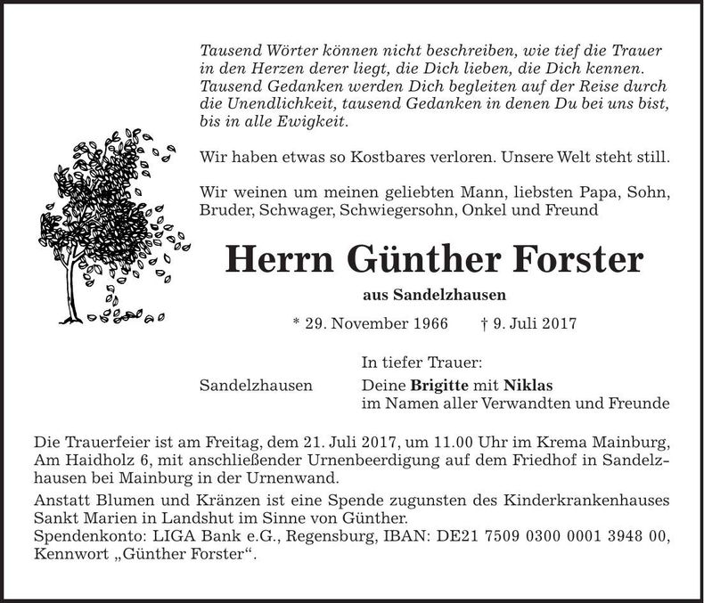 Traueranzeige Günther Forster