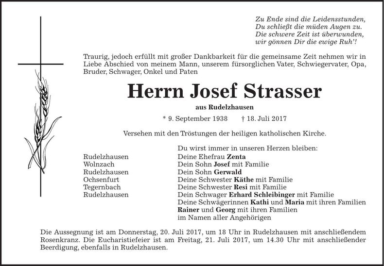 Traueranzeige Josef Strasser