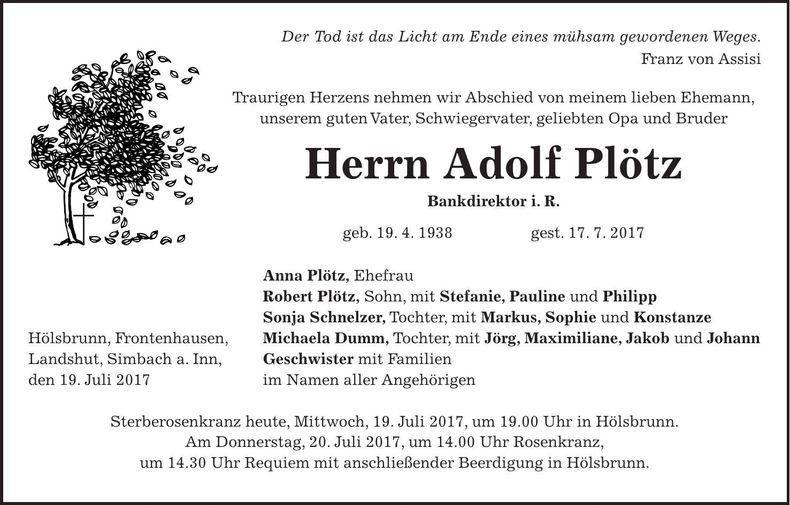 Traueranzeige Adolf Plötz