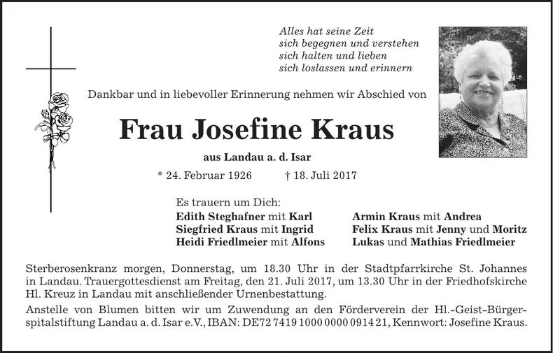 Traueranzeige Josefine Kraus
