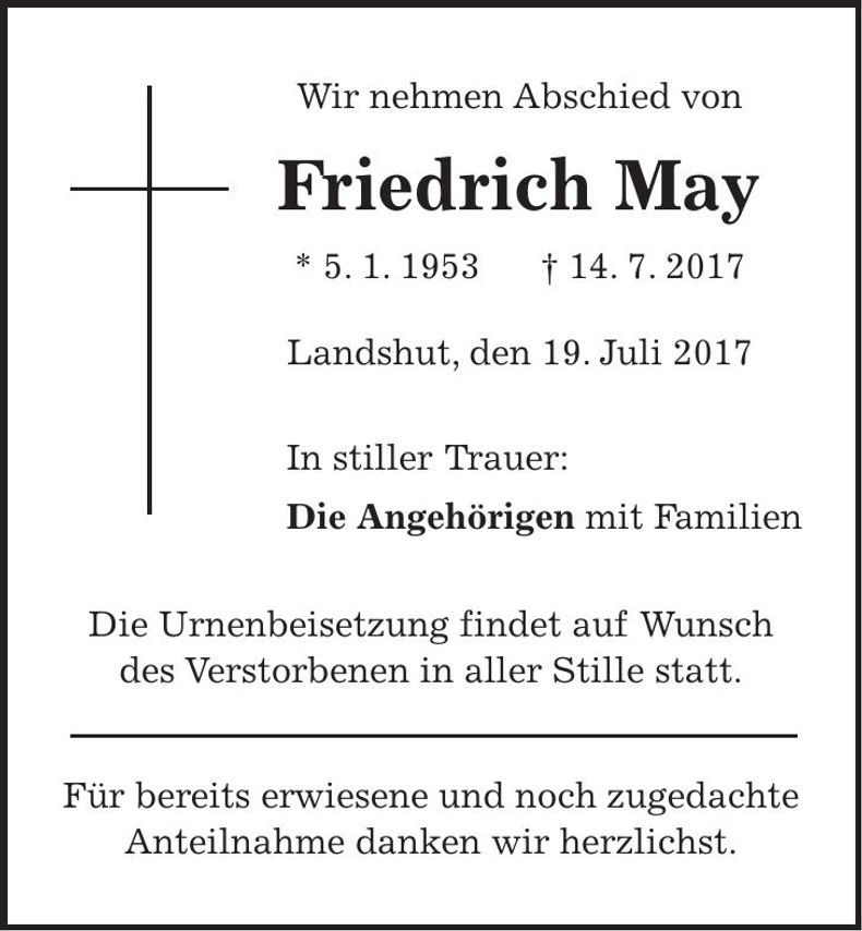 Traueranzeige Friedrich May
