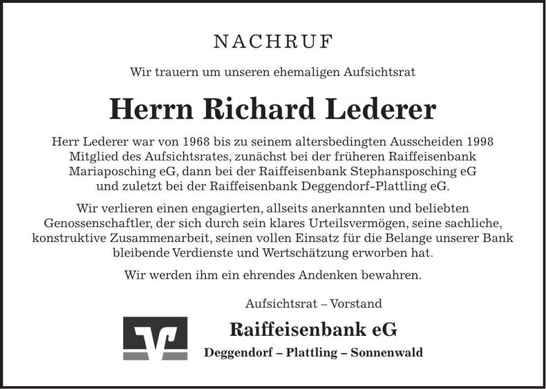 Traueranzeige Richard Lederer