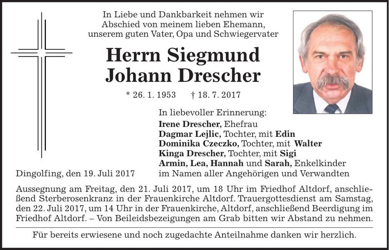 Traueranzeige Siegmund Johann Drescher