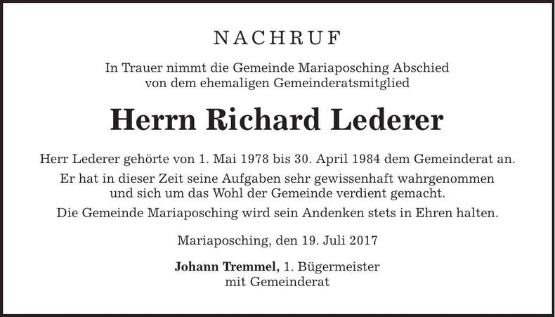 Traueranzeige Richard Lederer