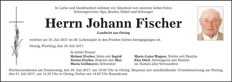 Traueranzeige Johann Fischer