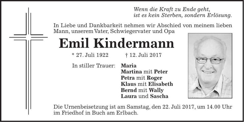 Traueranzeige Emil Kindermann