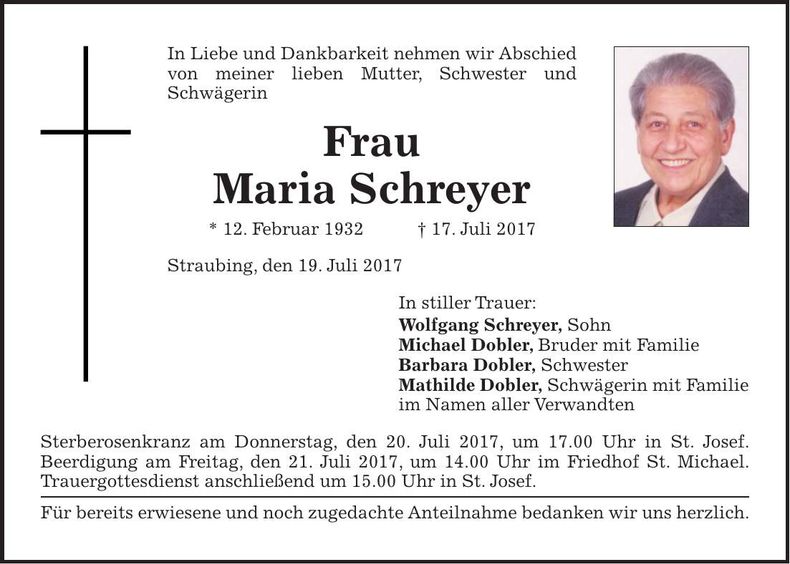 Traueranzeige Maria Schreyer