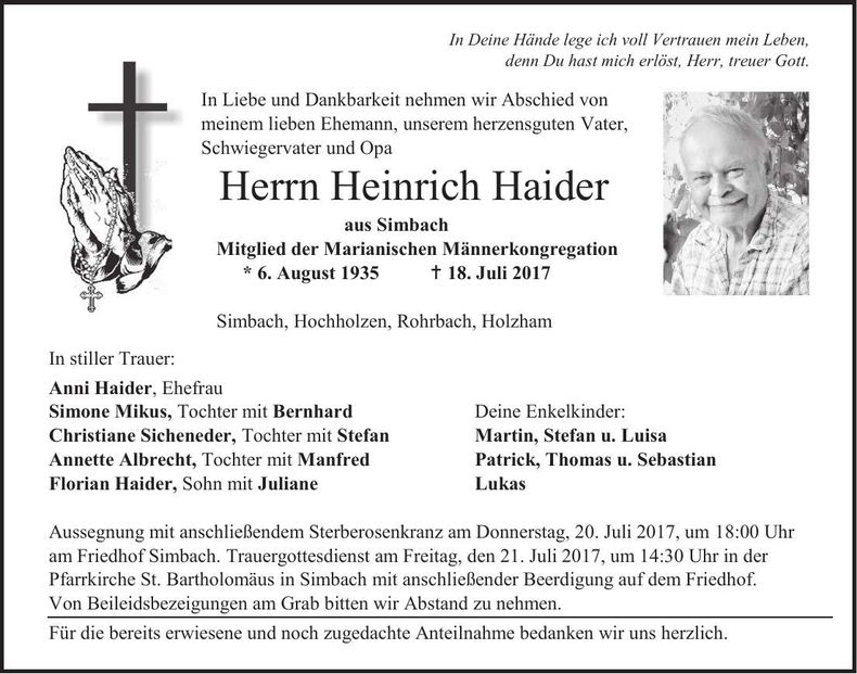 Traueranzeige Heinrich Haider