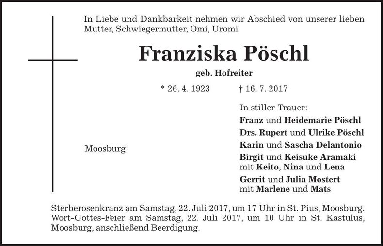 Traueranzeige Franziska Pöschl