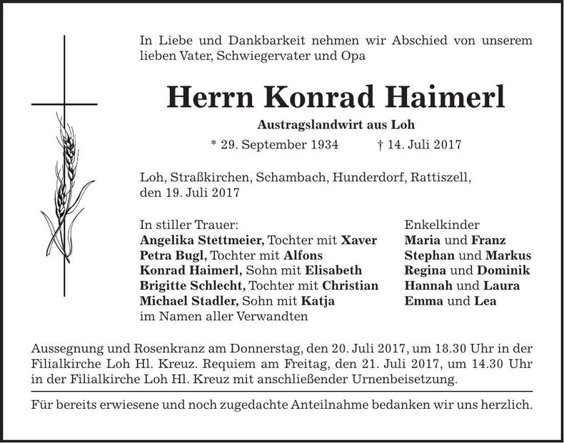 Traueranzeige Konrad Haimerl