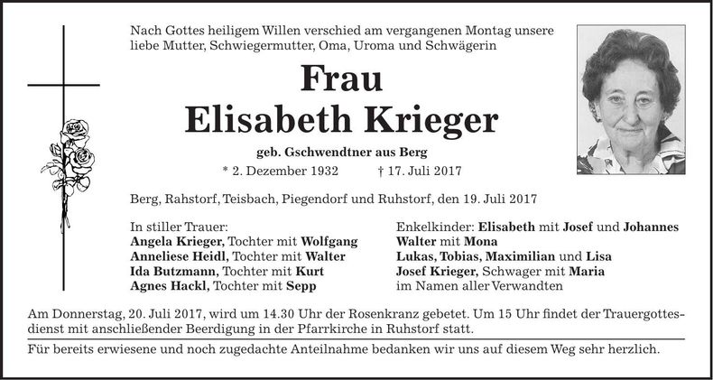 Traueranzeige Elisabeth Krieger