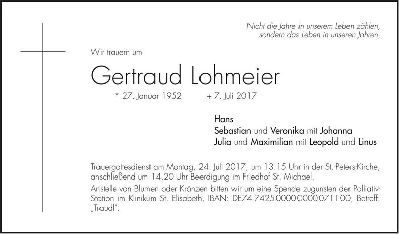 Traueranzeige Gertraud Lohmeier