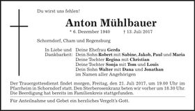 Traueranzeige Anton Mühlbauer