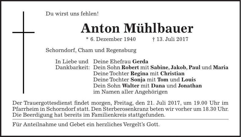Traueranzeige Anton Mühlbauer