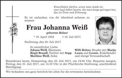 Traueranzeige Johanna Weiß
