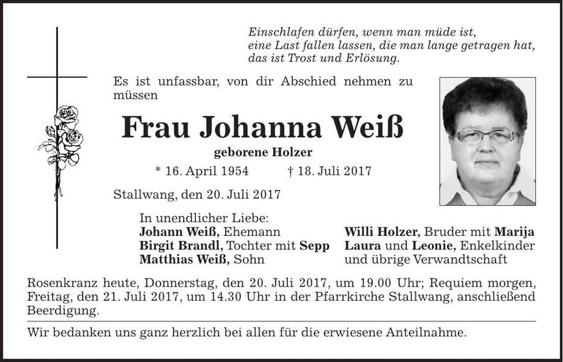 Traueranzeige Johanna Weiß