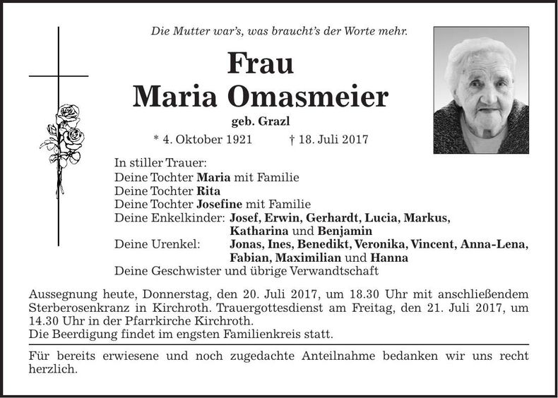 Traueranzeige Maria Omasmeier
