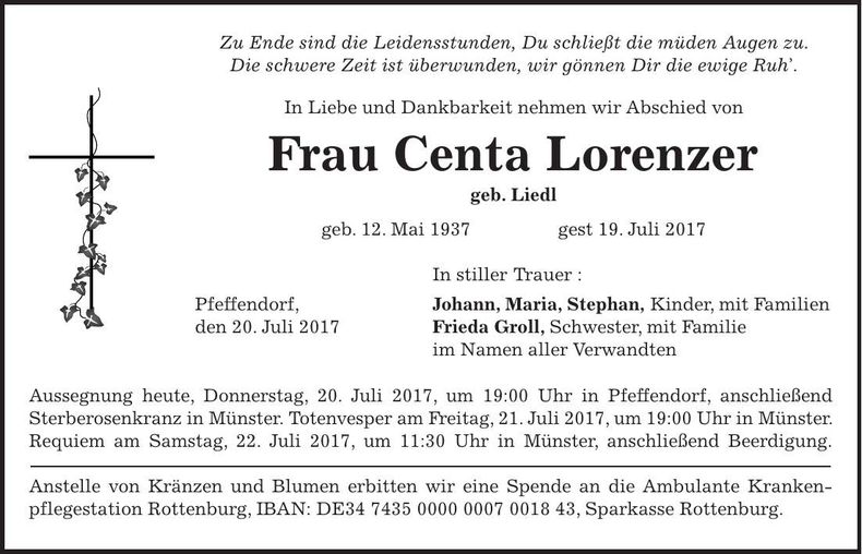 Traueranzeige Centa Lorenzer