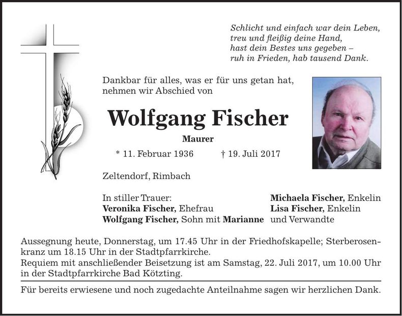 Traueranzeige Wolfgang Fischer
