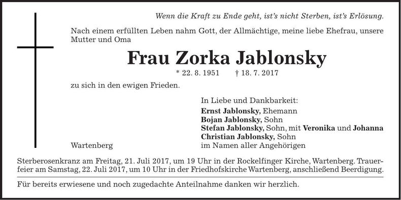 Traueranzeige Zorka Jablonsky