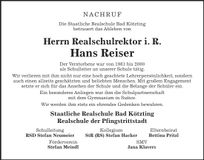 Traueranzeige Hans Reiser