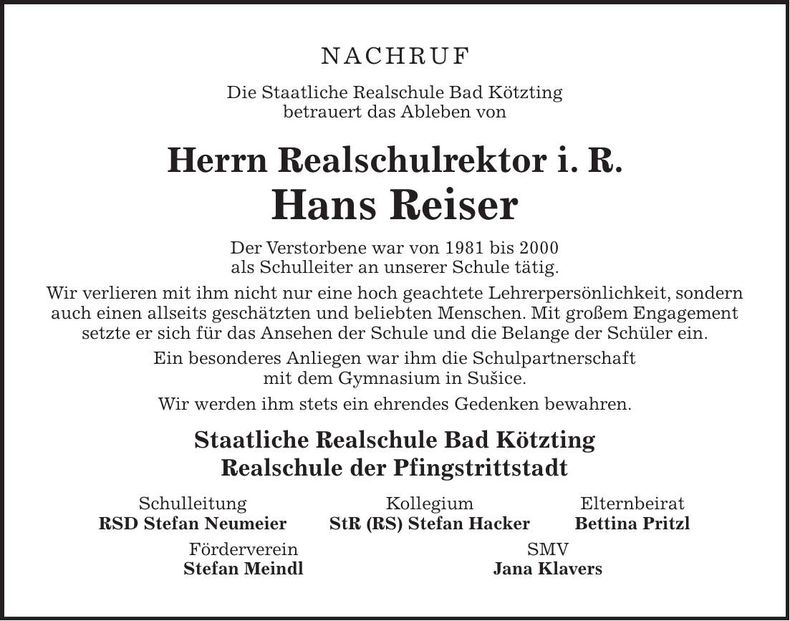 Traueranzeige Hans Reiser