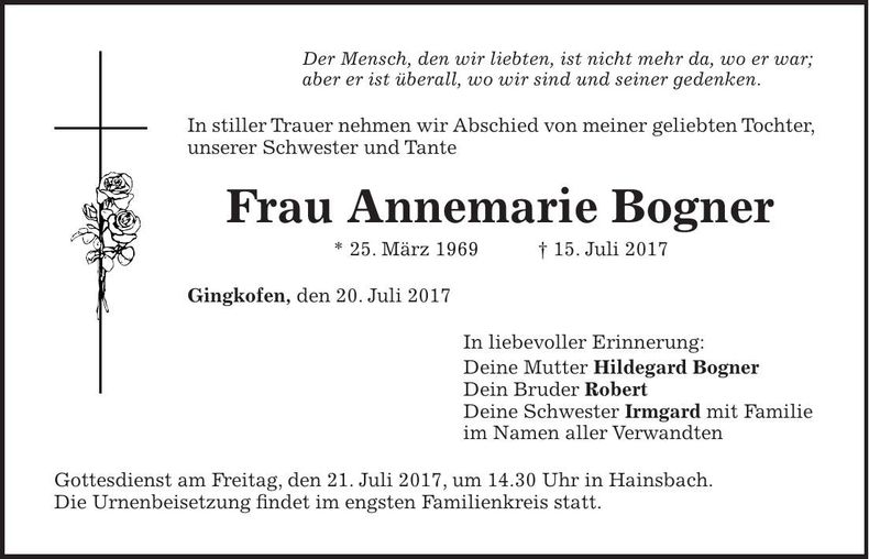 Traueranzeige Annemarie Bogner