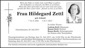 Traueranzeige Hildegard Zettl