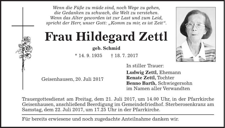 Traueranzeige Hildegard Zettl