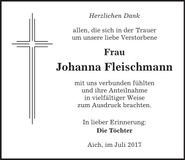 Traueranzeige Johanna Fleischmann