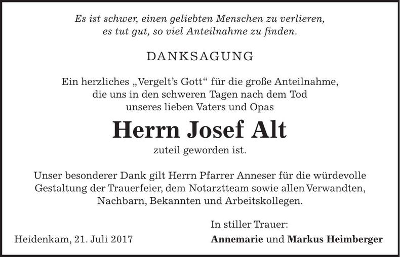 Traueranzeige Josef Alt