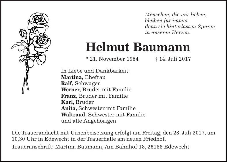 Traueranzeige Helmut Baumann