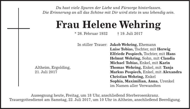 Traueranzeige Helene Wehring
