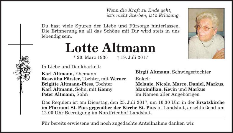 Traueranzeige Lotte Altmann