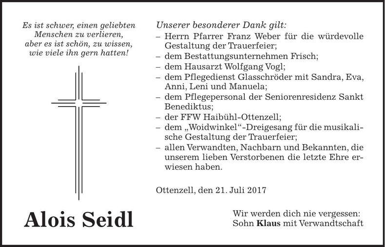 Traueranzeige Alois Seidl