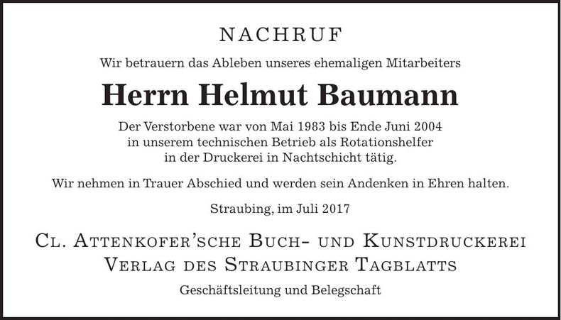 Traueranzeige Helmut Baumann