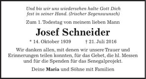 Traueranzeige Josef Schneider