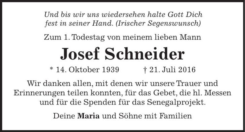 Traueranzeige Josef Schneider