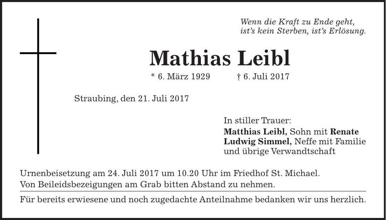 Traueranzeige Mathias Leibl