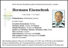 Traueranzeige Hermann Eisenschenk